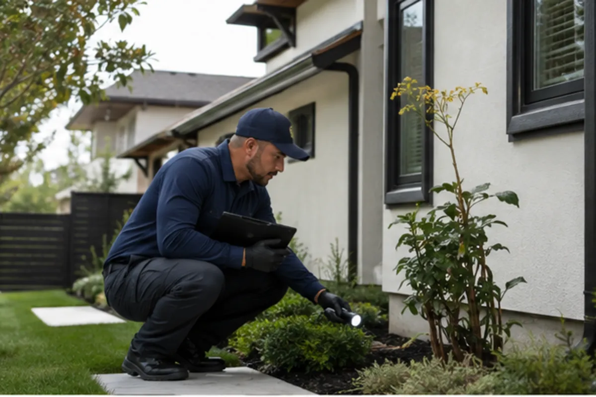 Houston pest-control technician inspecting a home exterior perimeter