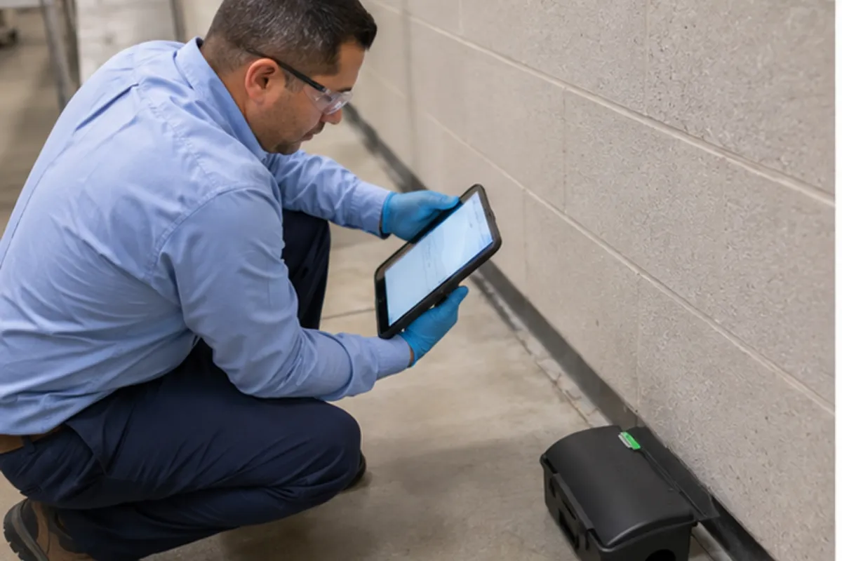 Houston pest technician scanning a monitoring station for follow-up documentation